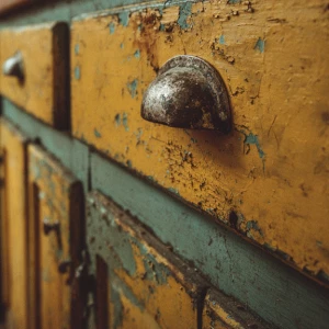 Capture a detailed close-up of aged kitchen cabinets showing gre...