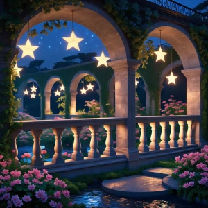 Imagine a serene and elegant balcony designed with arched stone...