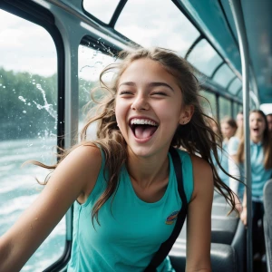 A teenage girl on bus laughter and excitement at a vibrant   thr...