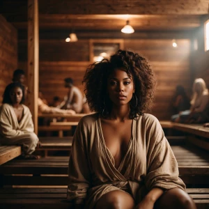 A young black woman wearing casual attire, sitting inside a saun...