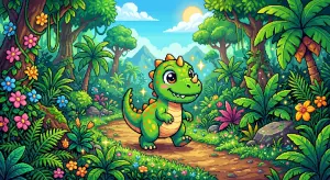 Create a whimsical pixel art scene featuring a cute dinosaur sur...