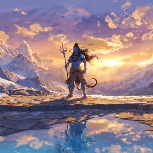 A majestic anime illustration of Lord Shiva standing on an ancie...