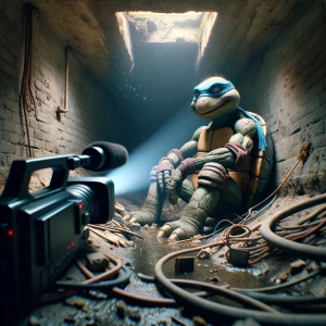 Leonardo sits slumped in the corner of a dusty, abandoned sewer...