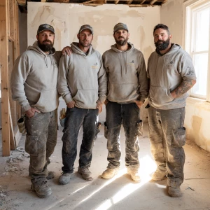 Four construction workers, all light-skinned men with short, cro...