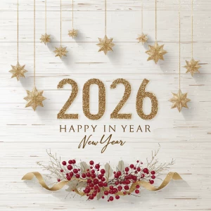 Elegant New Year 2026 greeting design on a soft white wooden tex...
