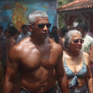 Hyperrealism, oil painting,a muscular beefy kerela man walking ,...