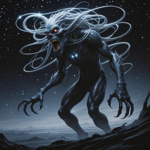 In the dimly lit expanse of space, a cosmic noir-inspired cosmic...