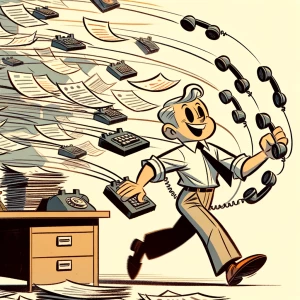 A 1950s office worker cheerfully juggling phones, papers flying,...