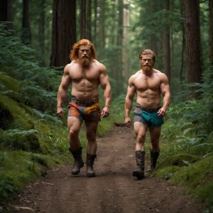 Generate an image of two rugged, muscular men with shirtless hai...