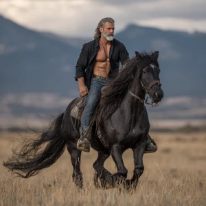 A bodybuilder man with a rugged beard and long gray hair, dresse...