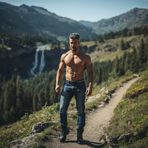 Make a man with gray-black hair and beard bodybuilder big arms a...