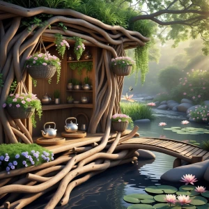 Generate an image of the Driftwood Tea Room, a serene sanctuary...
