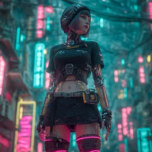 Create an image of a cyberpunk-style witch with futuristic cloth...