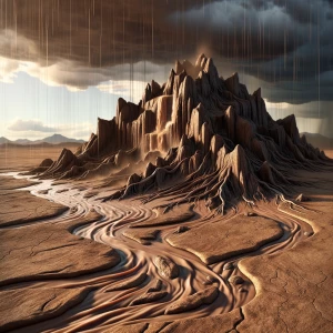 Comienzo: Una montaña solitaria en el desierto árido, con cielo...