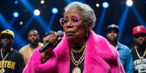 An elderly woman on a rap battle stage, holding a microphone. Sh...