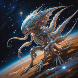 In the depths of space, an alien-esque ornate meteorite mariner...
