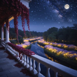 Balcony Overlooking Moonlit River Garden: A graceful white stone...