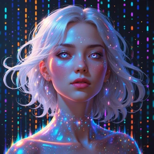 A luminous digital avatar, exuding an ethereal glow amidst a sea...