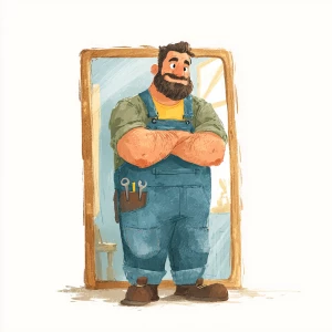 Create an image of a strong and hairy handyman standing in front...