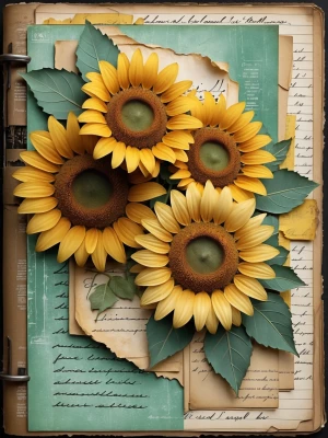 Sunflower junk journal page, vintage botanical collage, large go...