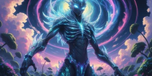 Amid swirling kaleidoscopic skies and pulsating neon flora, a to...