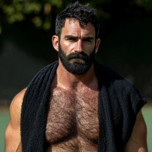 The image shows a man with a muscular, hairy physique standing o...