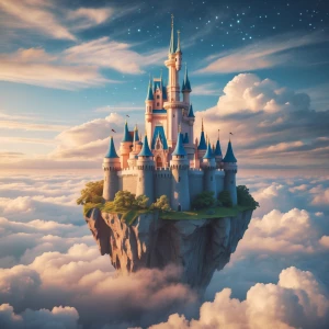 Floating castle above the clouds, soft magic tones
