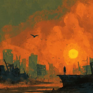 Imagine a mythic post-apocalyptic scene: a city scorched by nucl...