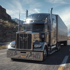 "A highly detailed, chrome-plated semi-truck with a menacing sku...