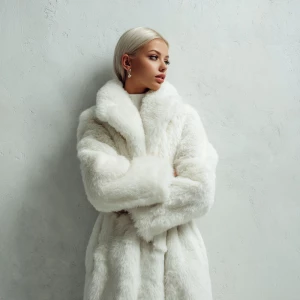 Create a Fluffy white straight hair long texture fur coat with o...