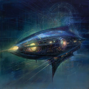 In the depths of a dimensional void, a bioluminescent scifi ding...