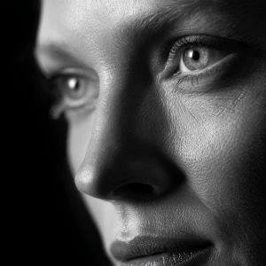 Ultra realistic big close-up portrait of Uma Thurman, black and...