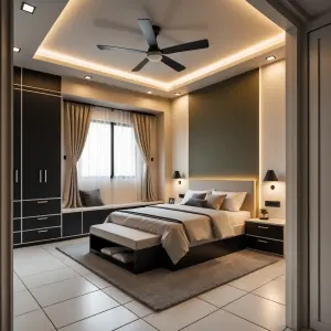 Modern 10x10 parents’ bedroom, compact Indian apartment style, e...