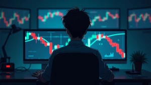 a sad Wojak character sitting in front of multiple monitors with...