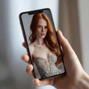 Generate an image showing a female hand holding a smartphone dis...