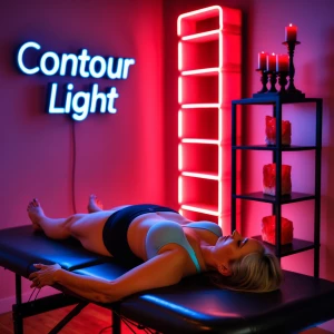 Generate an image of a middle-aged woman lying on a black massag...