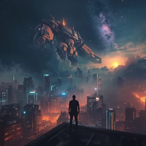 A cinematic YouTube thumbnail featuring a futuristic city at dus...