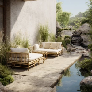 Create a serene outdoor lounge with minimalist bamboo furniture,...