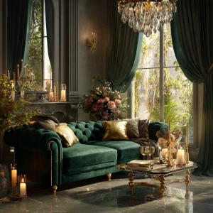 Create a stunning interior scene featuring a luxurious glam livi...