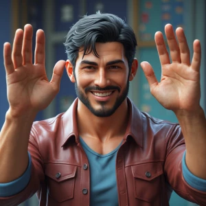 Keep the same as reference photo but make him smile and raise ha...