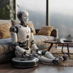 Sleek anthropomorphic humanoid robot vacumns living room.