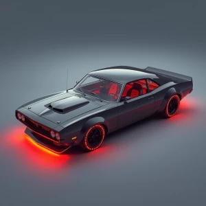 Generate an image of a futuristic muscle car inspired by a 1966...