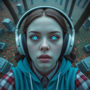 Hyper-realistic cinematic high-angle shot looking down at a youn...