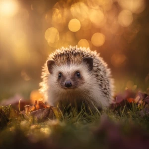 ultra-cute baby hedgehog sitting in soft woodland grass at golde...