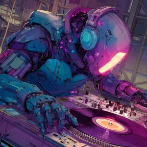 Futuristic DJ robot with glowing neon lights, mixing music on a...