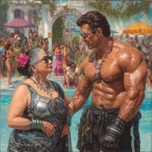 Hyprrealism painting. a punjabi  villain  curvy mother in law, i...