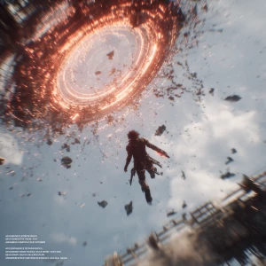 “A cyberpunk warrior launches from a shattered rooftop, leaving...