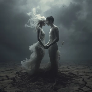 In a surreal landscape, two ghostly figures embody a love caught...