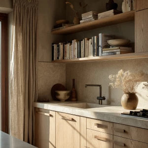 “Japandi kitchen with beige oak cabinets, minimal hardware, micr...