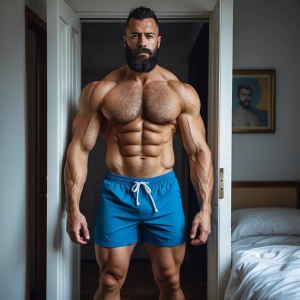 Generate an image of a muscular man with a beard standing in a b...